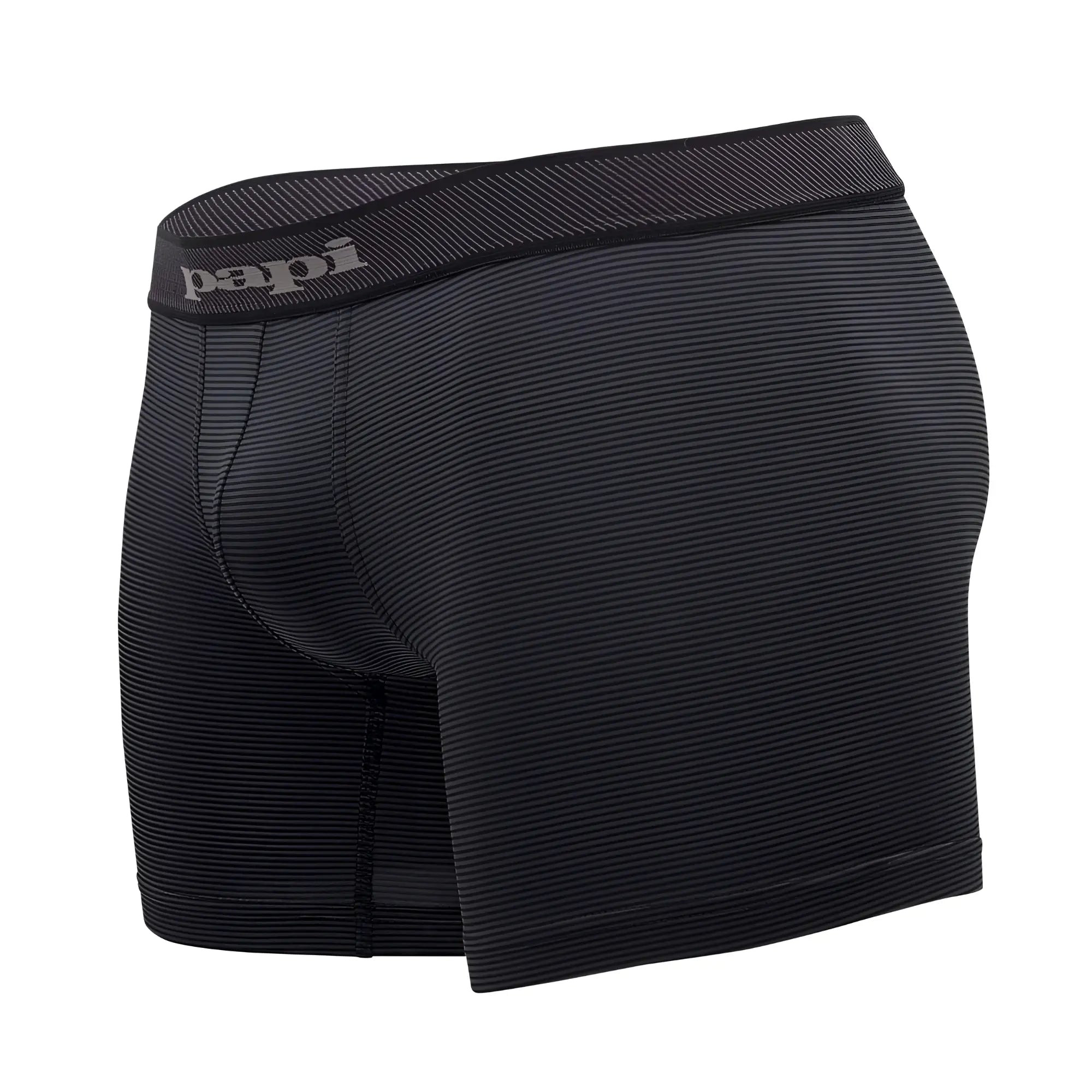 Black papi mens boxer briefs with textured ribbed fabric and subtle gray branding on the waistband
