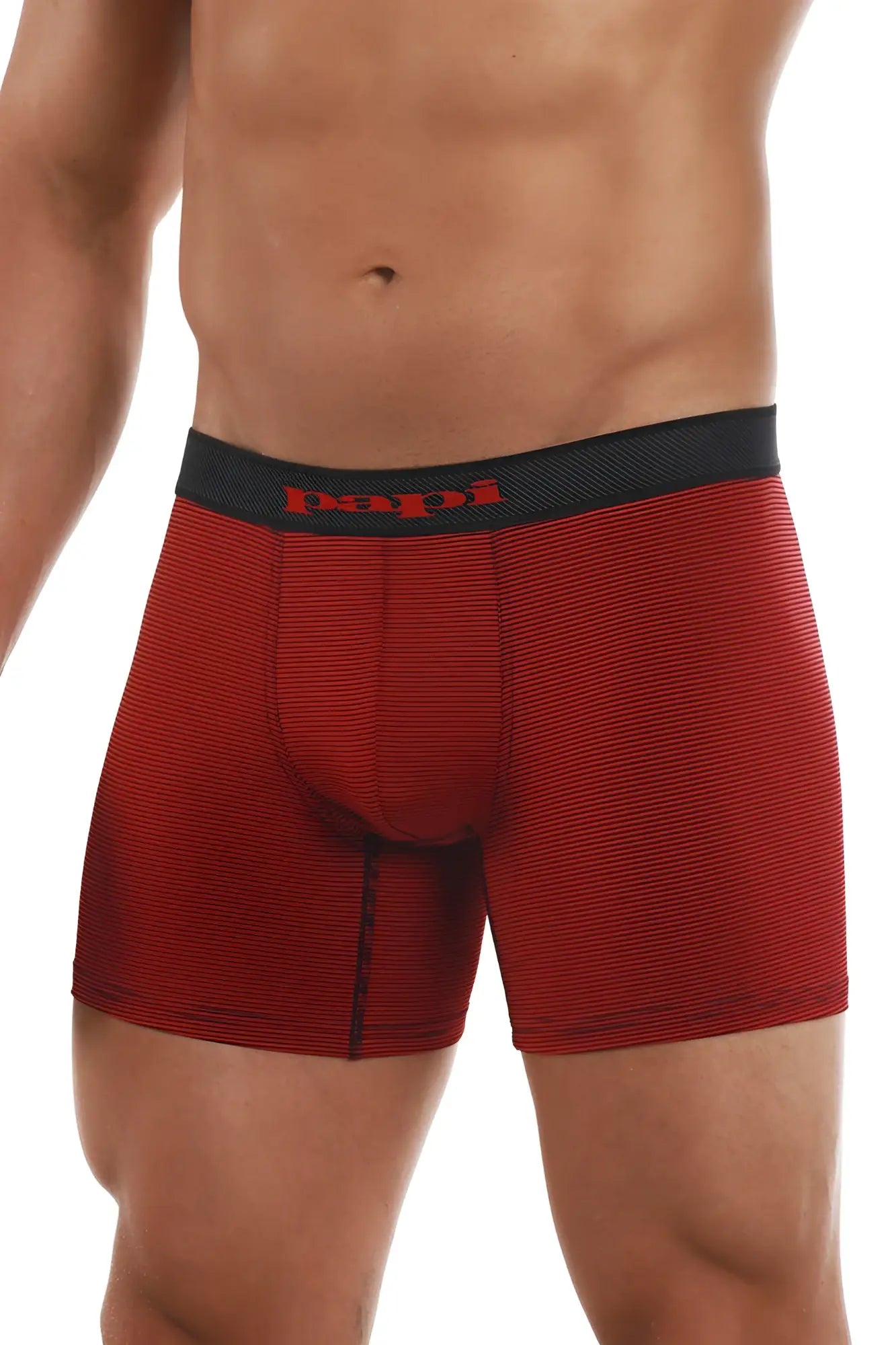 Red papi boxer briefs in black and red with subtle horizontal stripes and a black waistband for everyday comfort