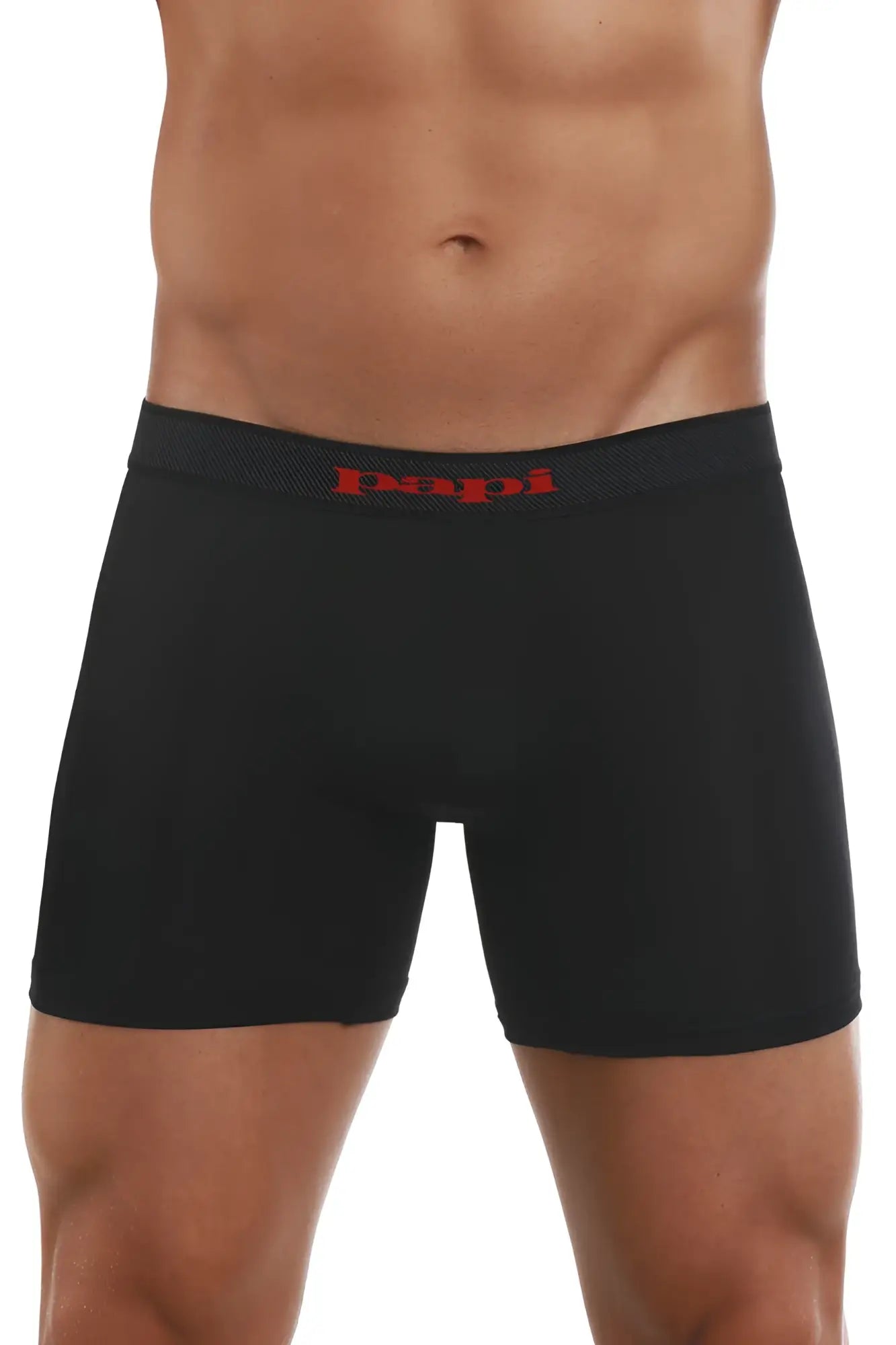 Black mens boxer briefs with a red papi logo on the waistband from papi 626185-982 cool2 2pk solid in black-red