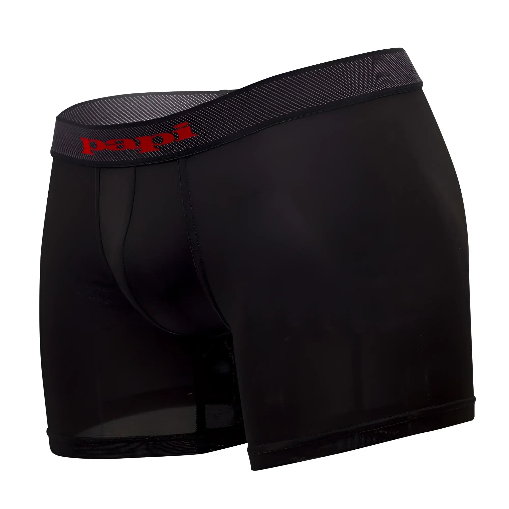 Black men’s solid boxer briefs with textured waistband featuring red papi logo in black and red colors