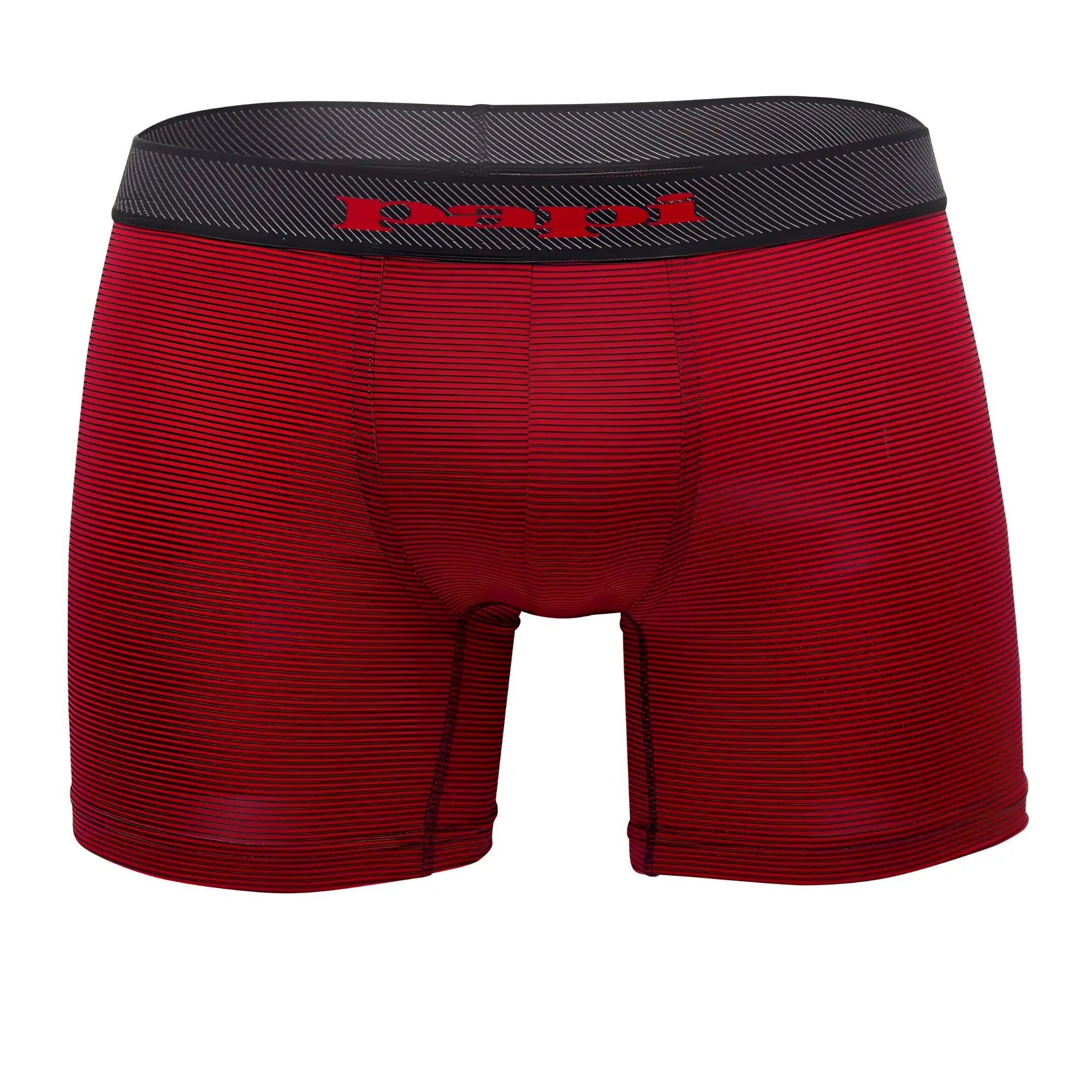 Red striped men’s boxer briefs with black elastic waistband featuring papi brand name in red lettering black and red color