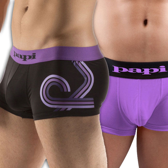 [2 Pack] Papi Loop/Solid Brazilian Trunk Microfiber Boxer Brief Underwear Black+Purple 626199 Size S