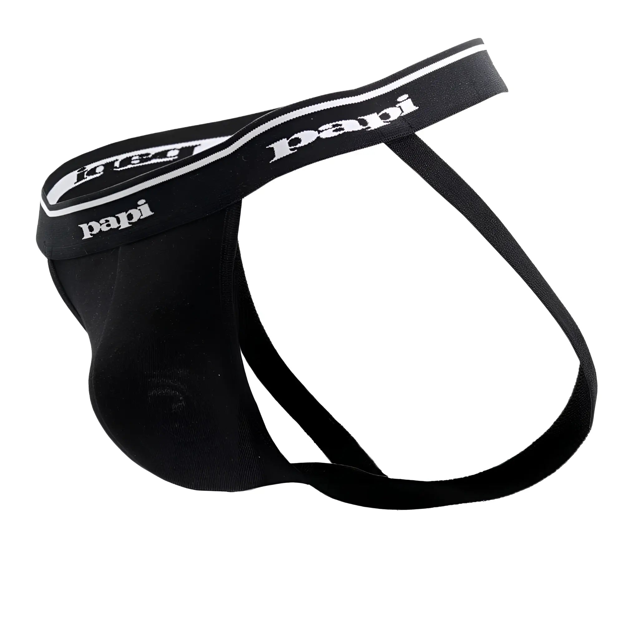 Black papi thong made of stretchy fabric with white logo trim part of papi 705910-999 3pk rib jockstrap set