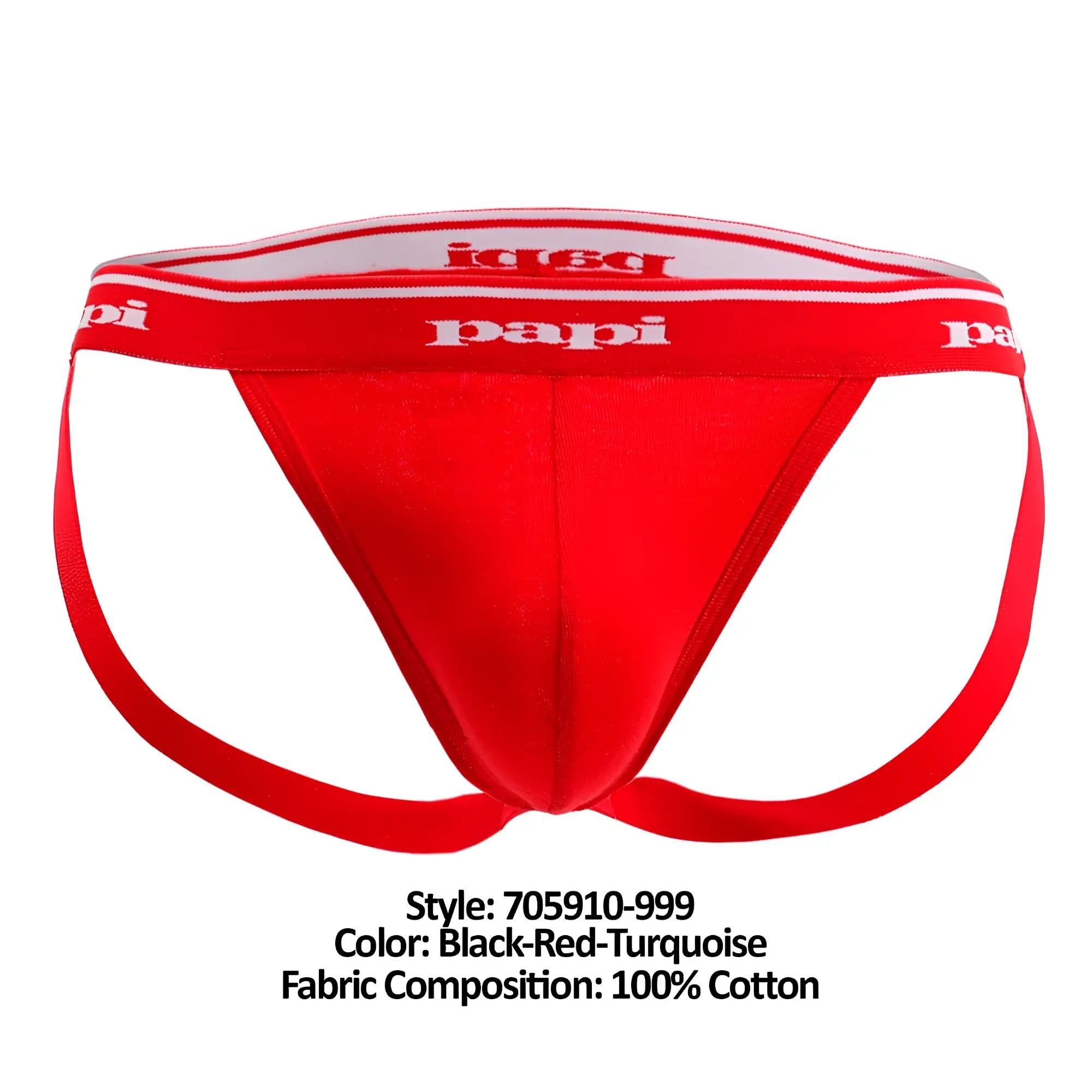 Red cotton briefs with black and turquoise trim featuring papi logo on the waistband from papi 705910-999 3pk rib jockstrap