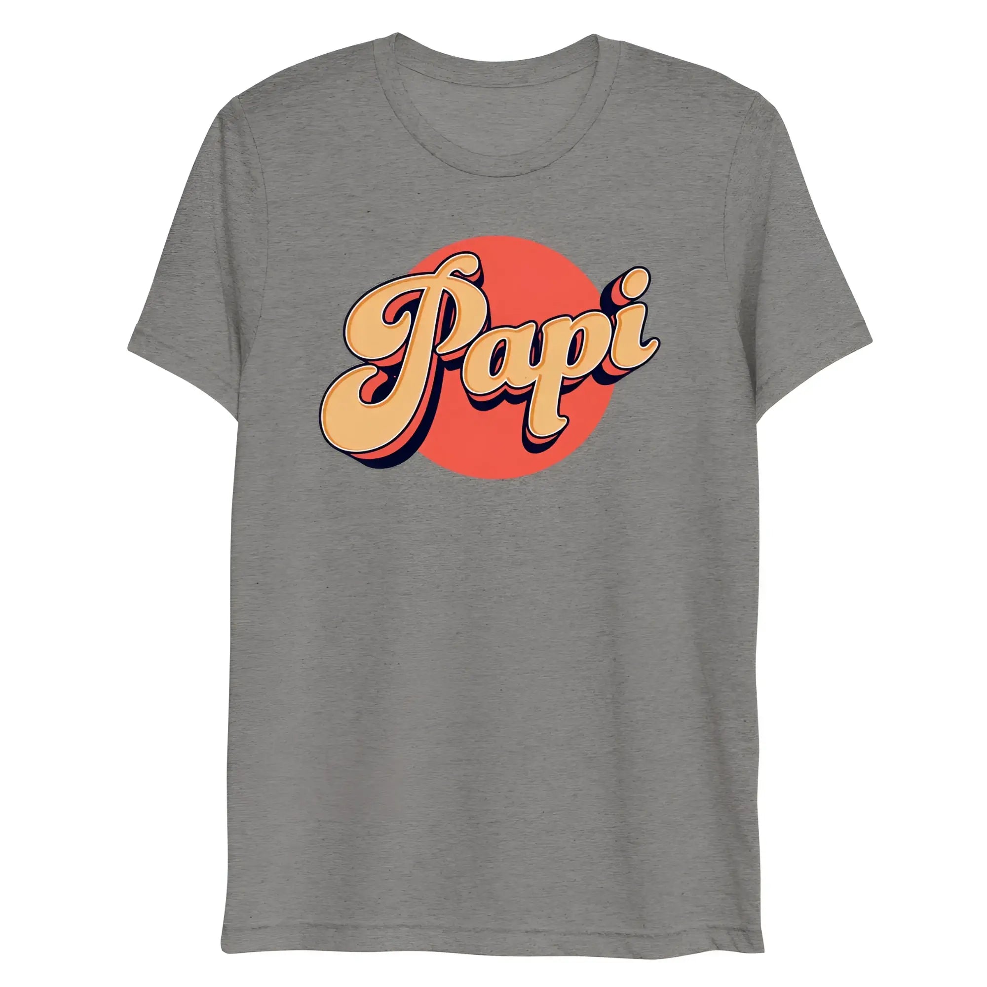 Gray heathered t-shirt with bold retro-style papi graphic in beige and black on an orange circular background