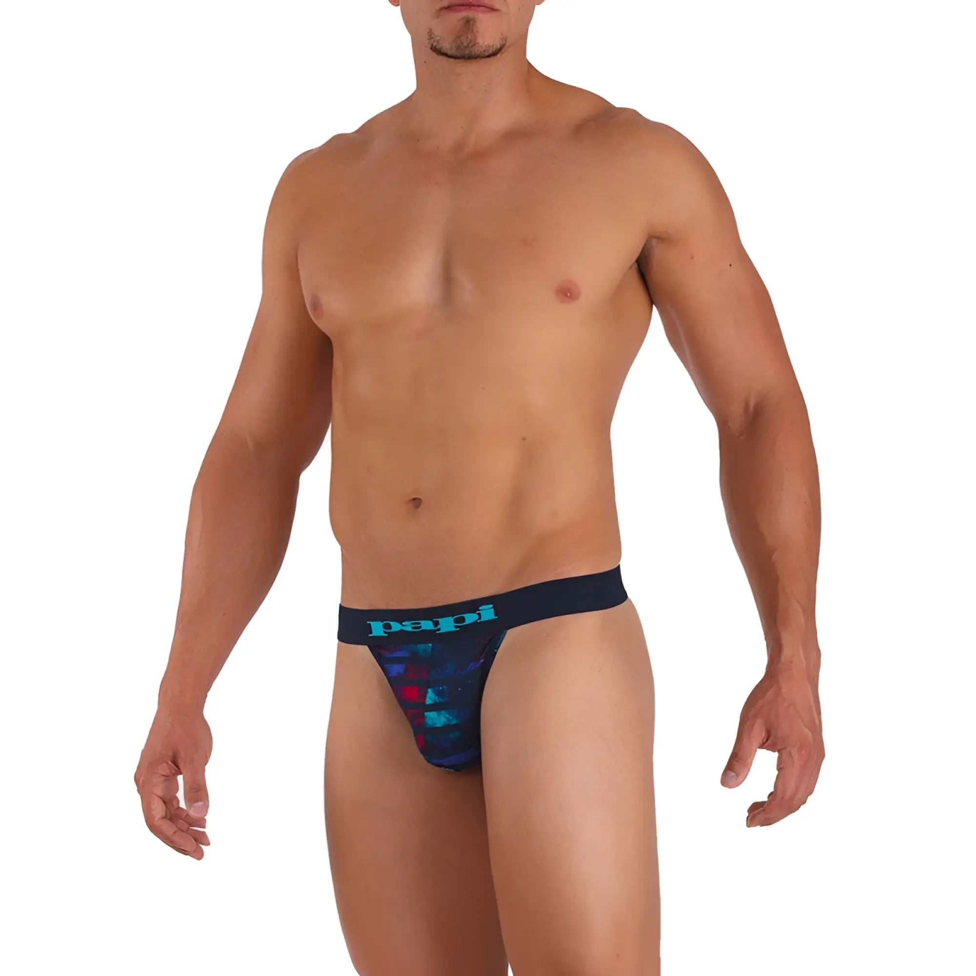 Navy blue and teal patterned Papi microflex singles stripe thong underwear with bold graphic design size S