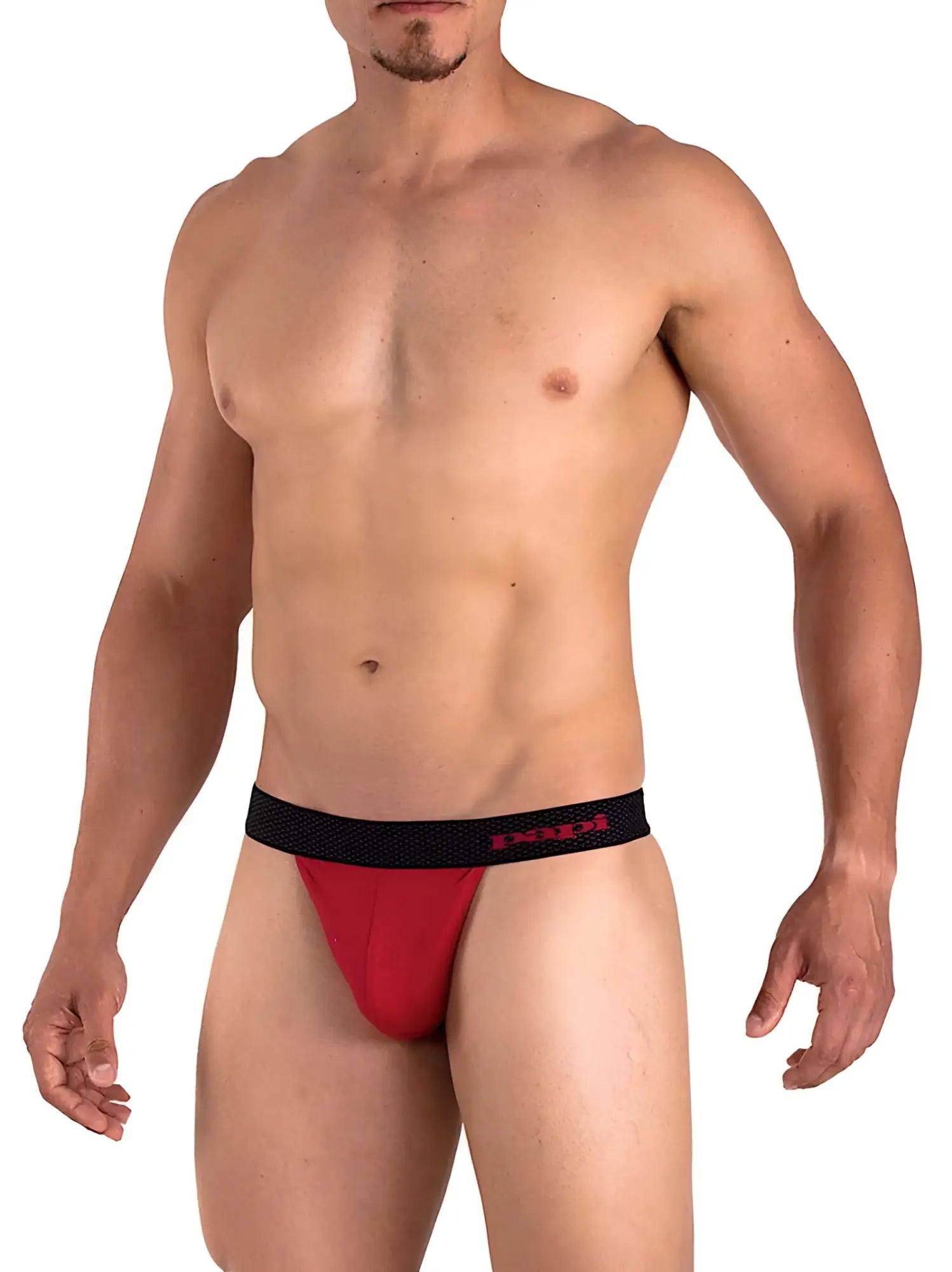 Red men’s briefs with black elastic waistband featuring papi player’s club logo in red lettering size m