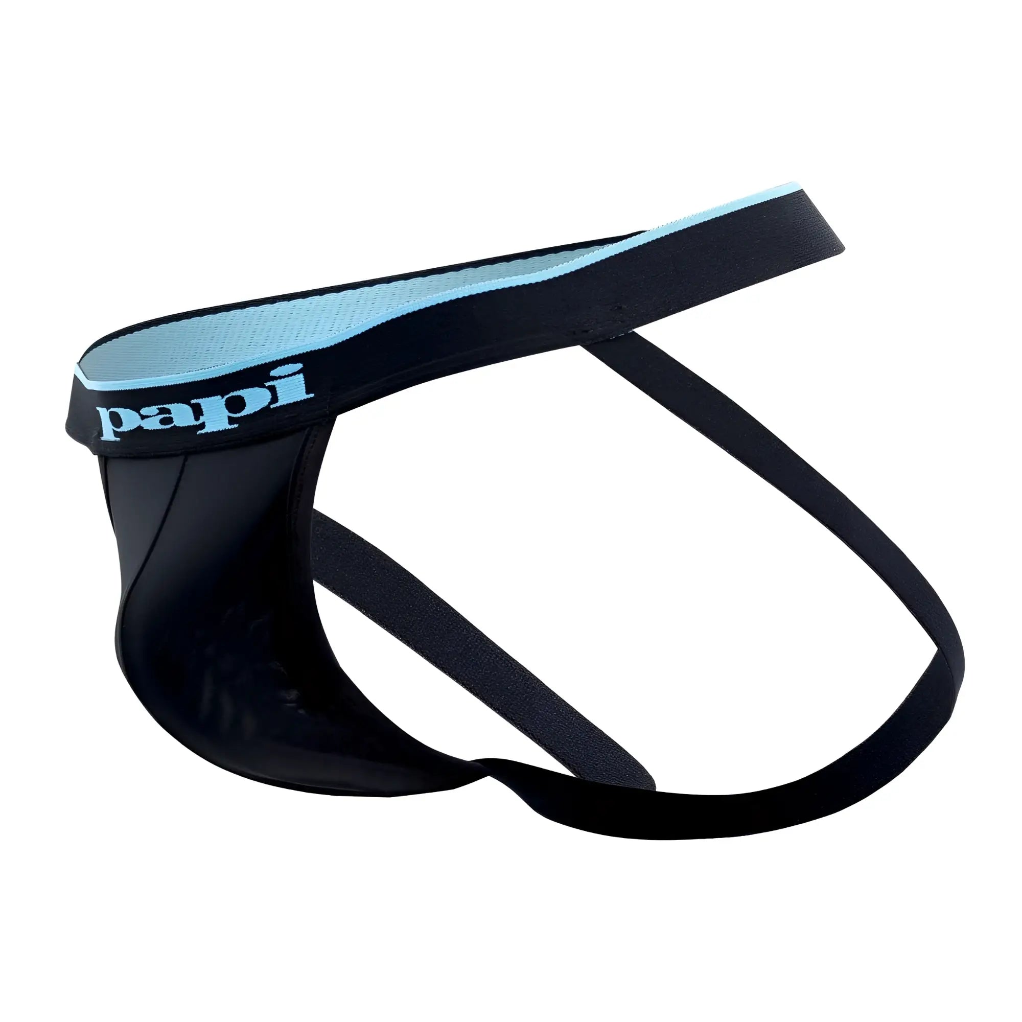 Black papi men’s briefs with light blue trim and mesh textured waistband in black and blue color scheme