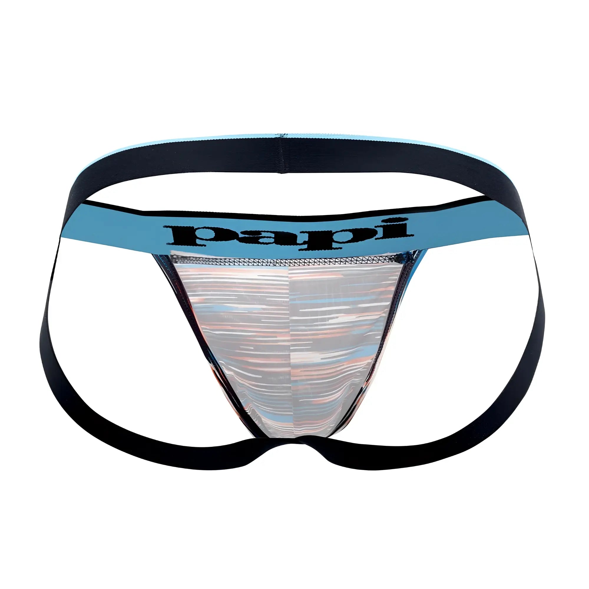 Papi umpa006 men’s thong with black elastic straps and shimmering silver holographic panel in black and blue