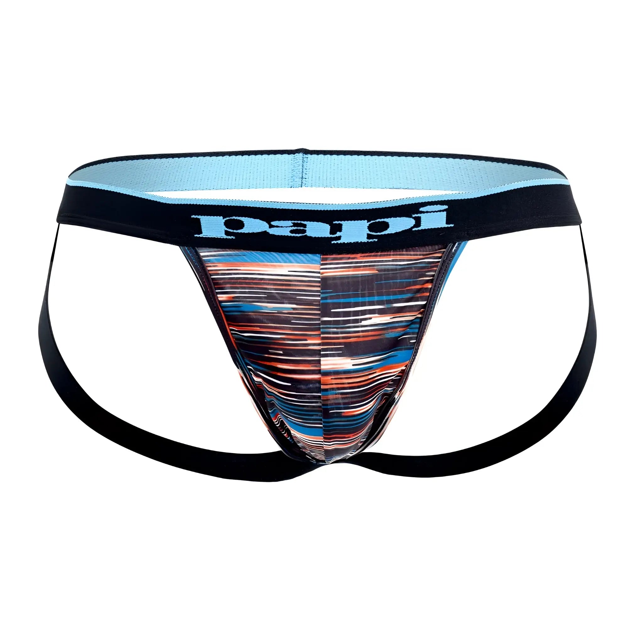 Papi umpa006 men’s briefs with vibrant abstract striped pattern in blue orange and black on front panel