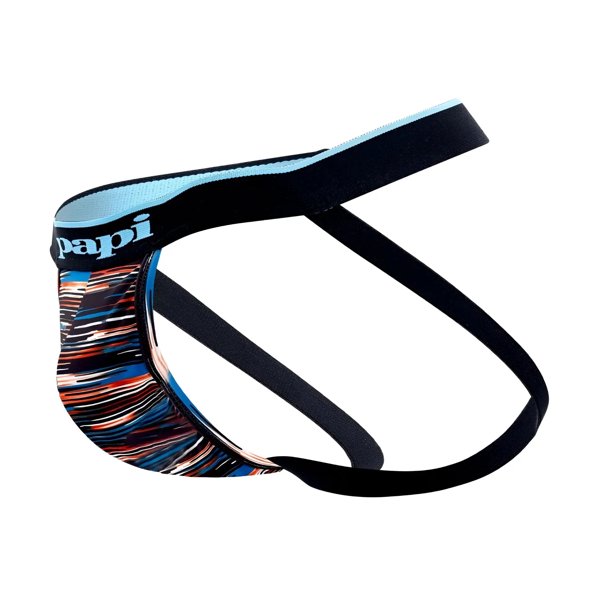 Black and light blue papi brand men’s briefs with vibrant abstract multicolored pattern front for comfortable wear