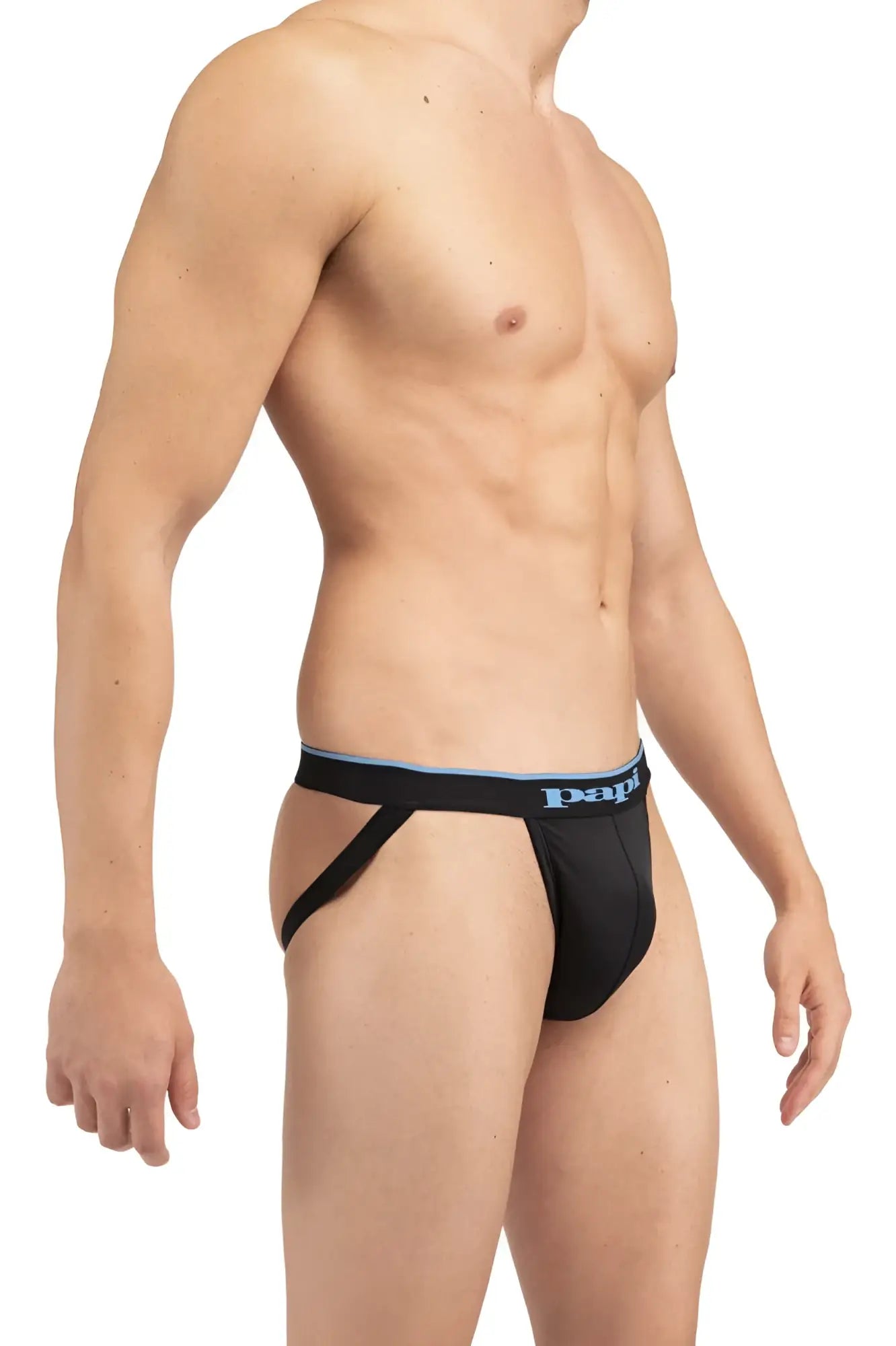 Black papio brand briefs with light blue trim and embroidered waistband in papi umpa006 2pk jockstrap color black-blue