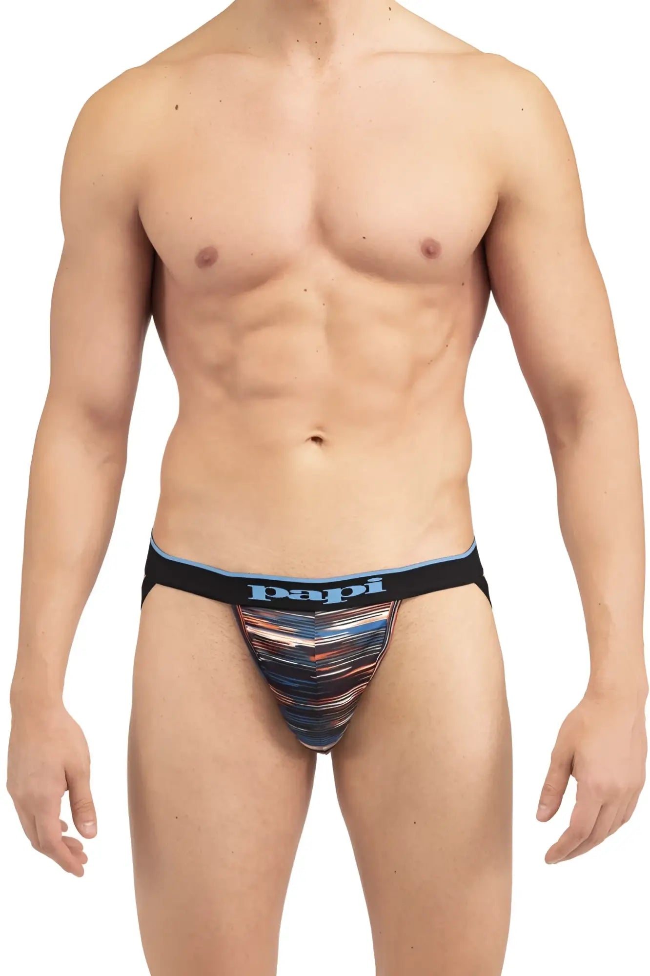 Blue and black striped papi UMPA006 jockstrap with bold abstract pattern designed for athletic support