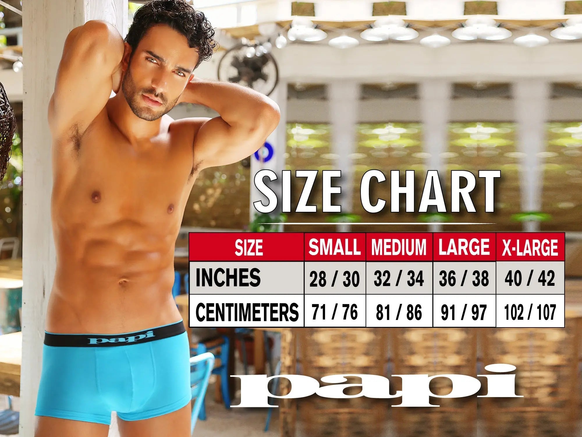 Bright blue papi microflex brazilian briefs with black elastic waistband featuring the papi logo in alloy black color