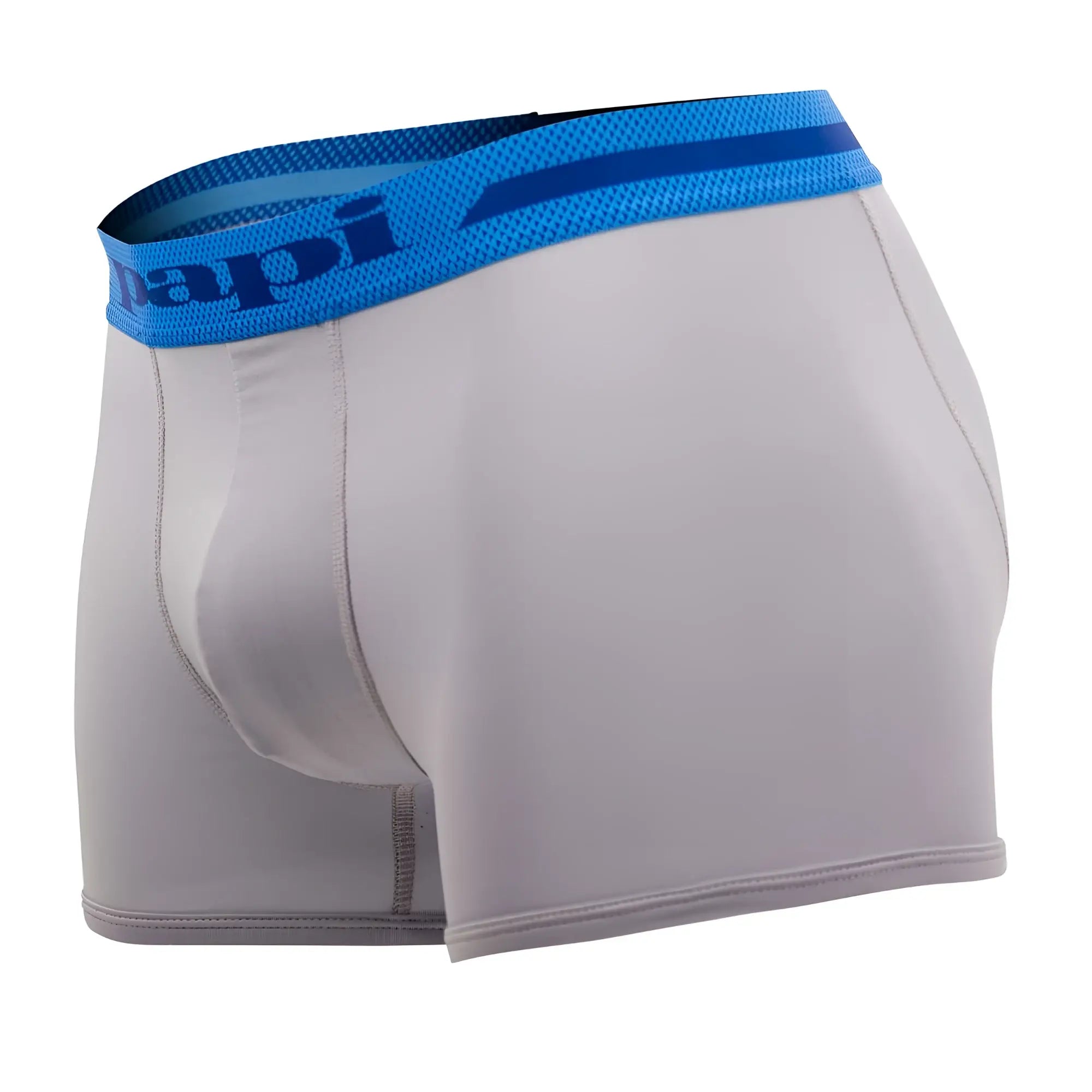 Gray microflex brazilian trunks with blue elastic waistband featuring papi brand logo in alloy-black color