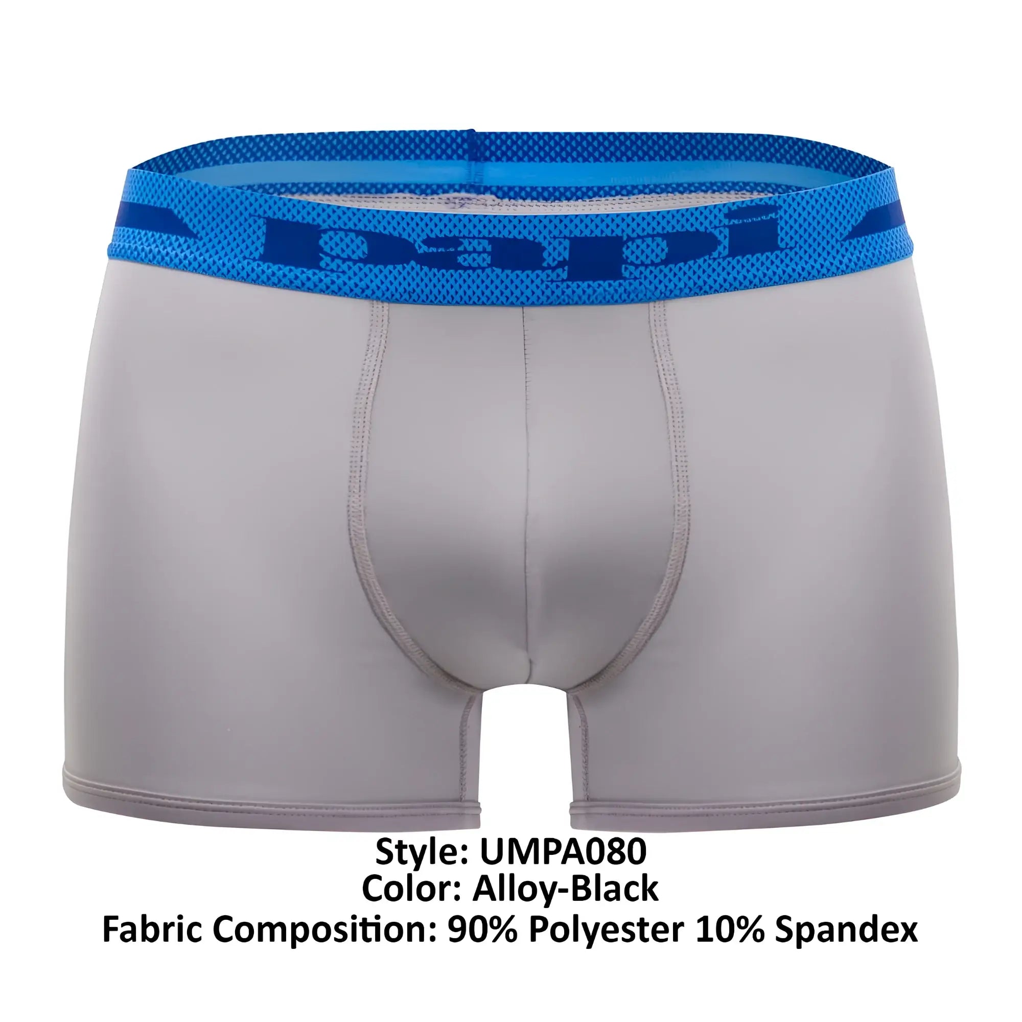 Alloy black mens boxer briefs with blue mesh waistband and papi brand logo in microflex brazilian trunk style