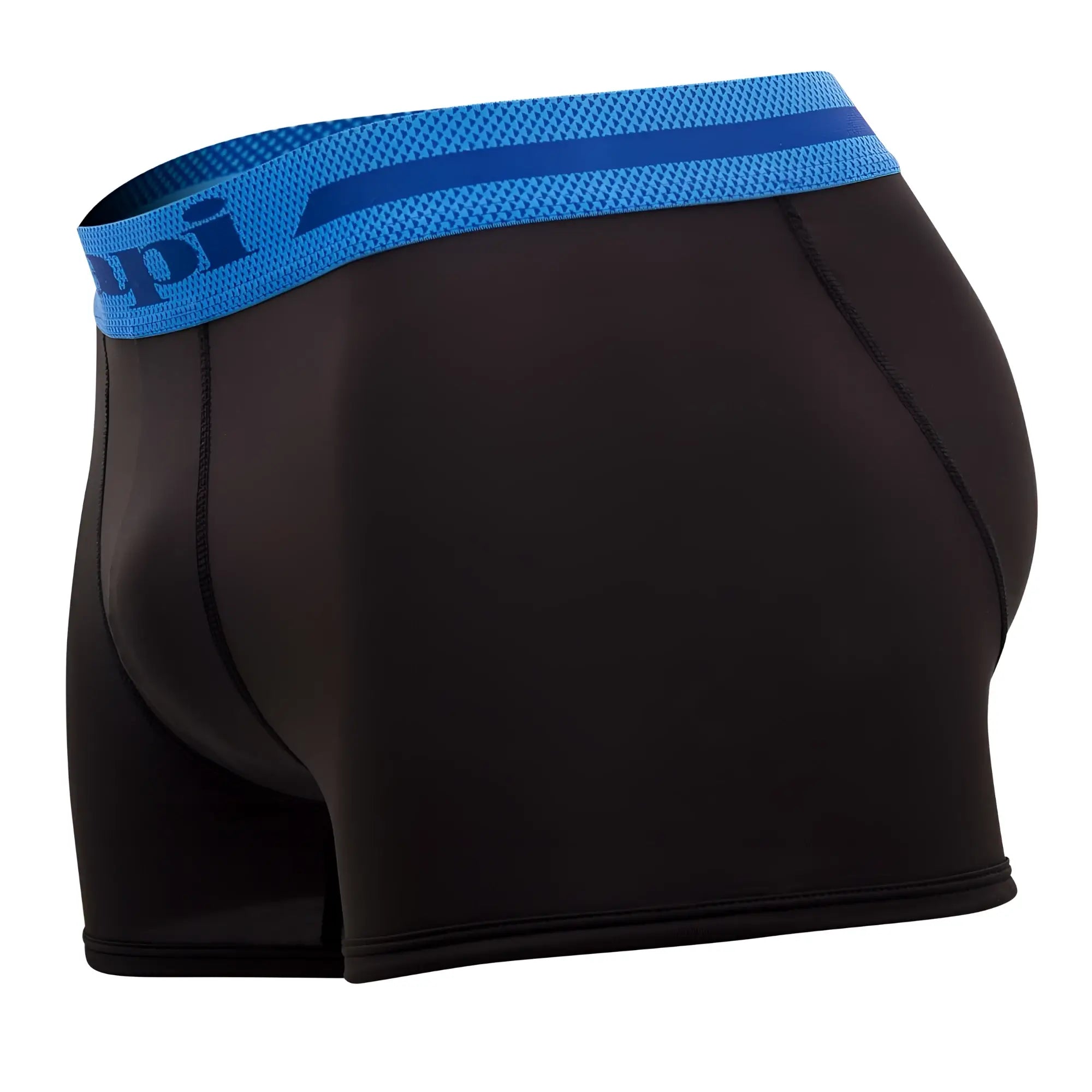 Black men’s boxer briefs with blue mesh dopi waistband in alloy-black microflex material for comfortable daily wear