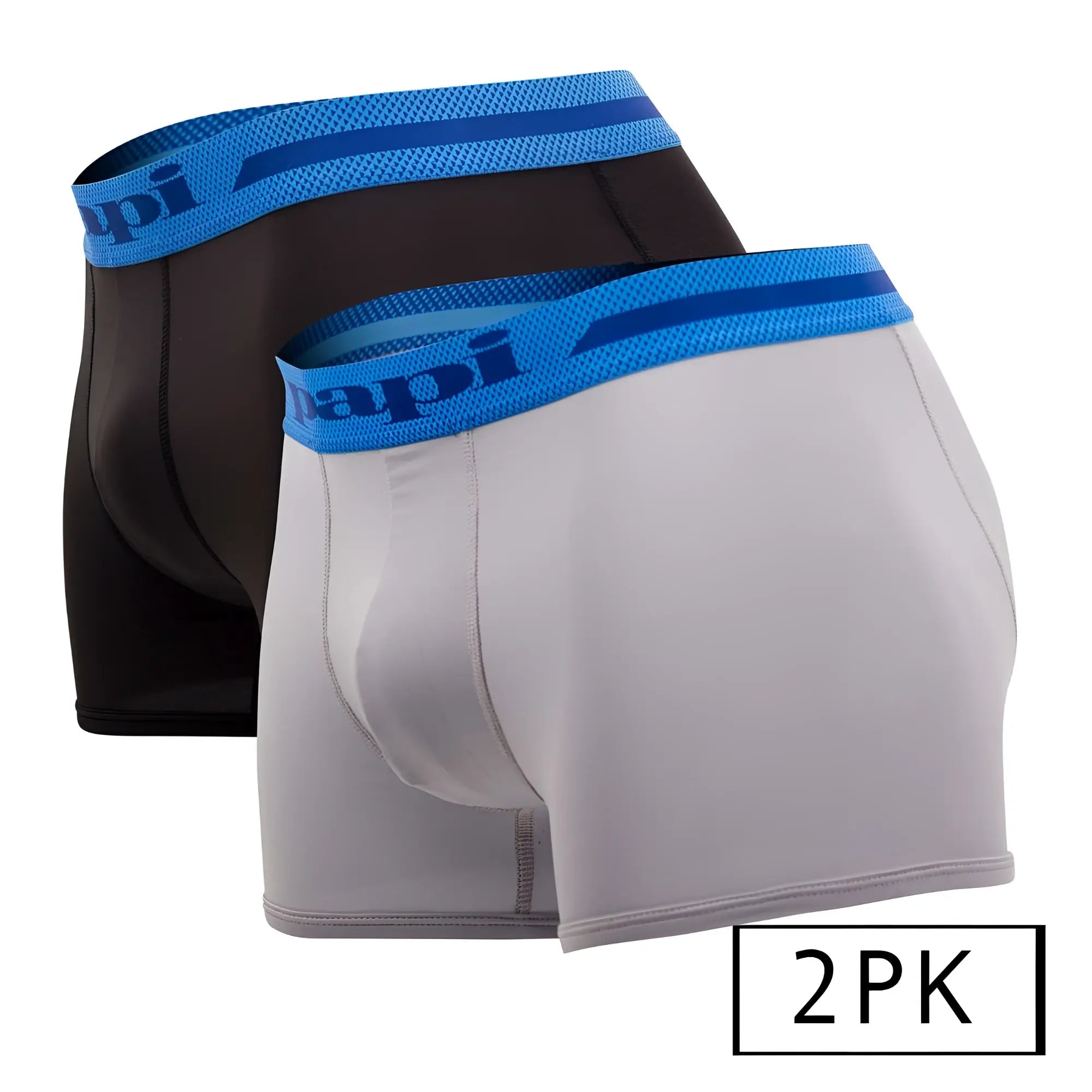 A pair of papi umpa080 2pk microflex brazilian trunks in black and gray with blue elastic waistbands