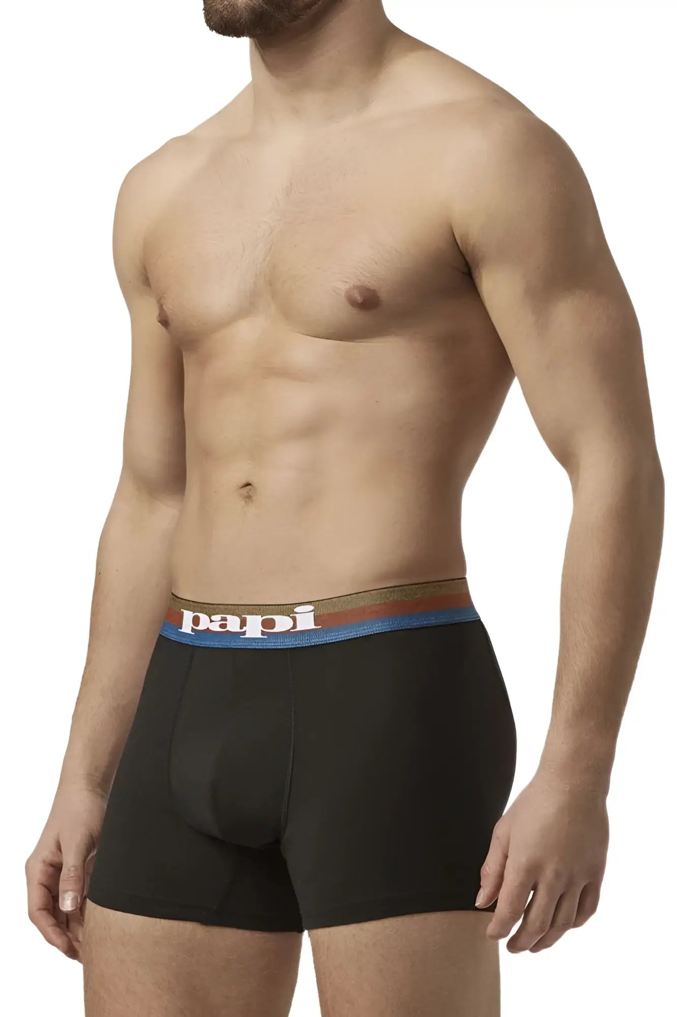 Black papi microflex brazilian boxer briefs in blue black with colorful striped waistband and white papi logo