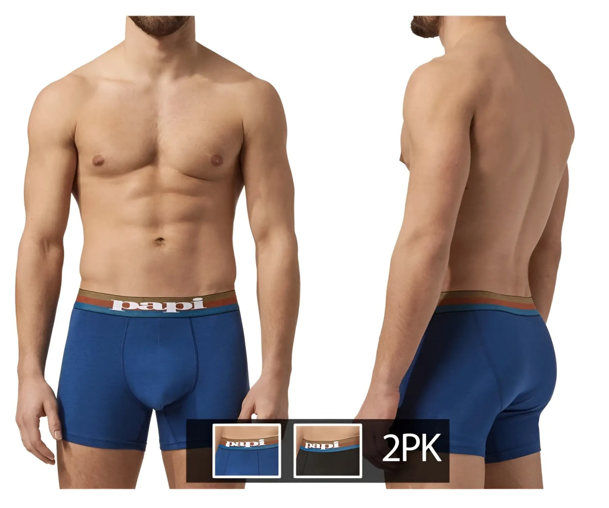 Blue papi microflex Brazilian boxer briefs in blue with a brown waistband featuring the papi logo in white lettering