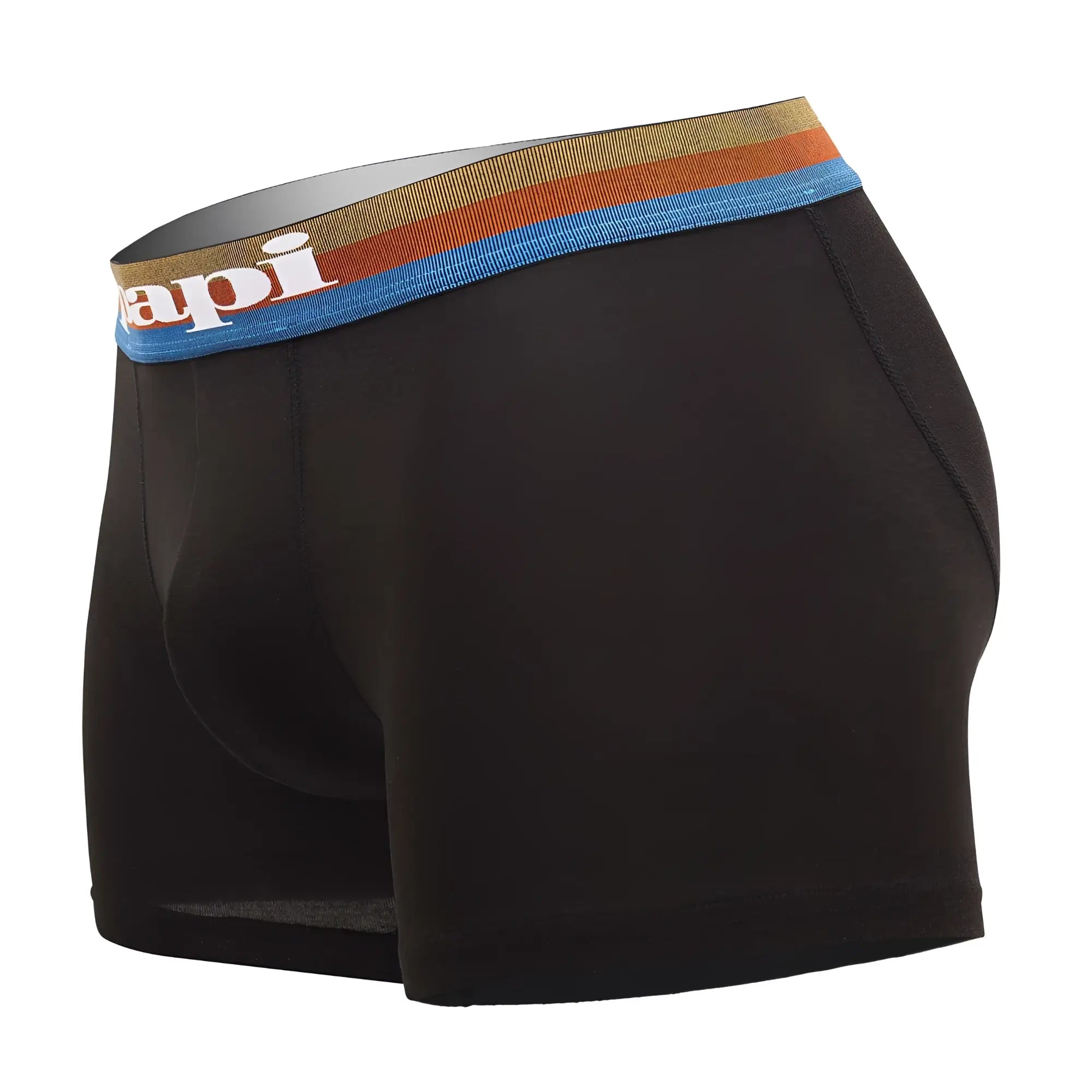 Black men’s microflex boxer briefs with colorful striped waistband and api logo in blue and black color scheme