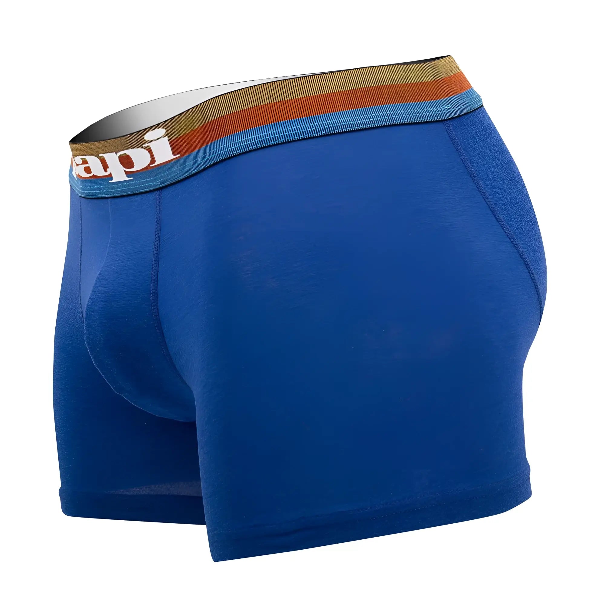 Blue papi microflex Brazilian boxer briefs with striped elastic waistband featuring white api logo in blue-black color