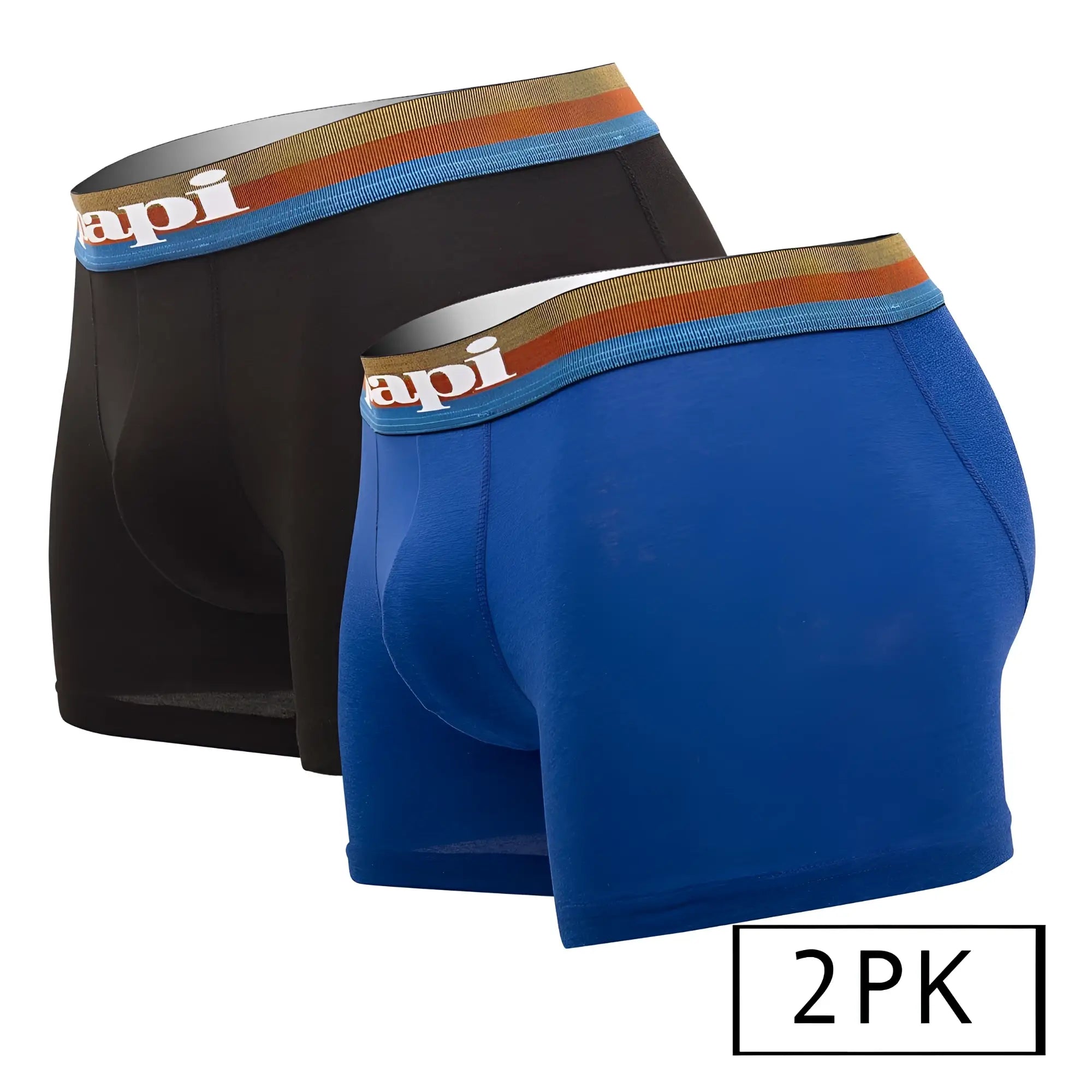 A pair of Papi UMPA088 microflex Brazilian boxer briefs in black and royal blue with striped api logo waistband