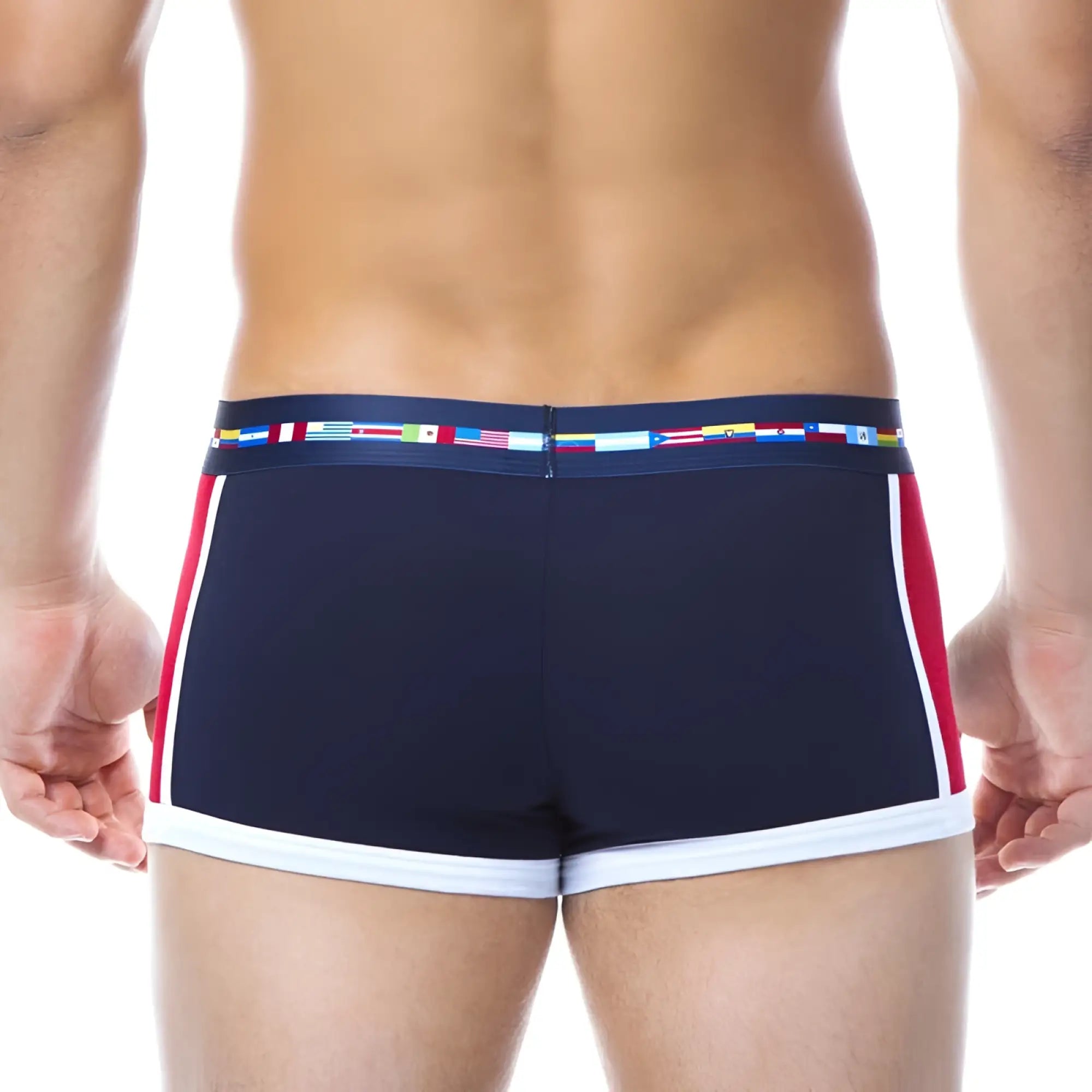 Navy blue papi viva heritage brazilian swim trunks with red white side stripes and international flag waistband size s