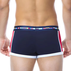 Navy blue papi viva heritage brazilian swim trunks with red white side stripes and international flag waistband size s