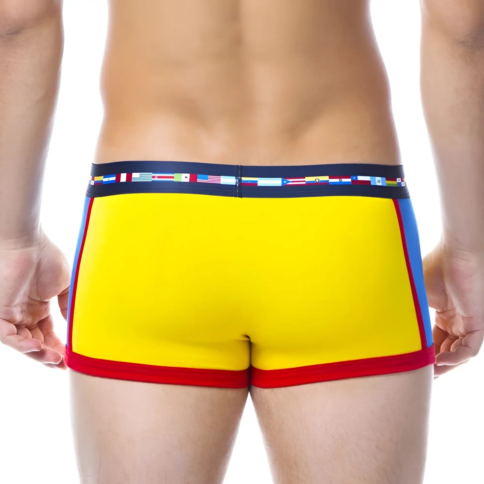 Bright yellow men’s briefs papi viva heritage brazilian trunk with red blue side panels and navy flag waistband size s