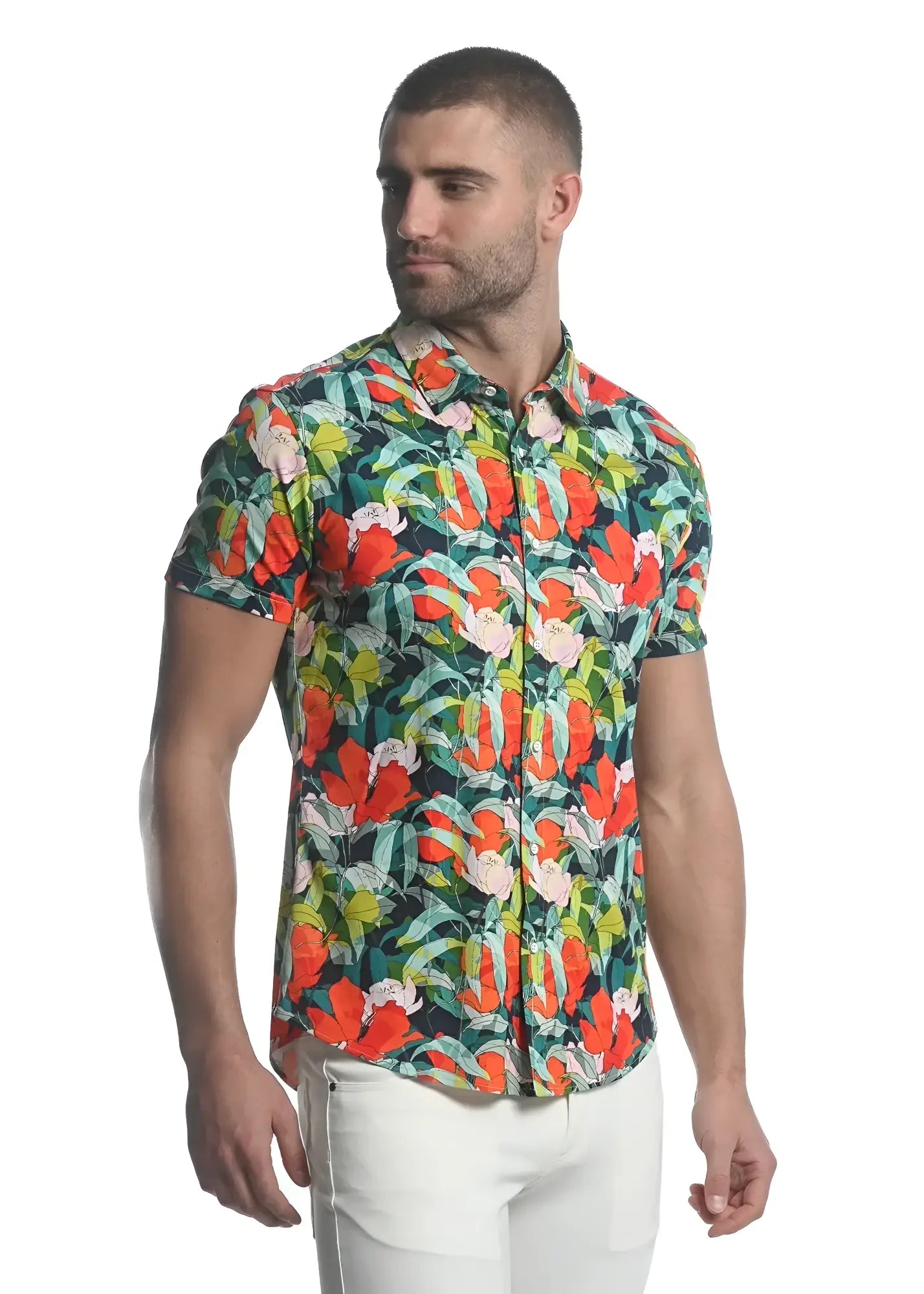 Paradise stretch knit shirt vibrant tropical print short-sleeved button-up in bold red pink and green hues