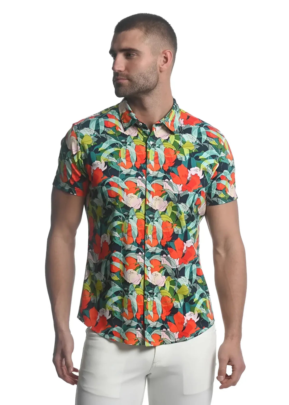 Paradise stretch knit shirt with vibrant tropical orange pink and green print on dark navy short-sleeved button-up