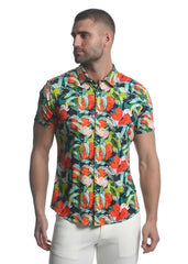 Paradise stretch knit shirt with vibrant tropical orange pink and green print on dark navy short-sleeved button-up