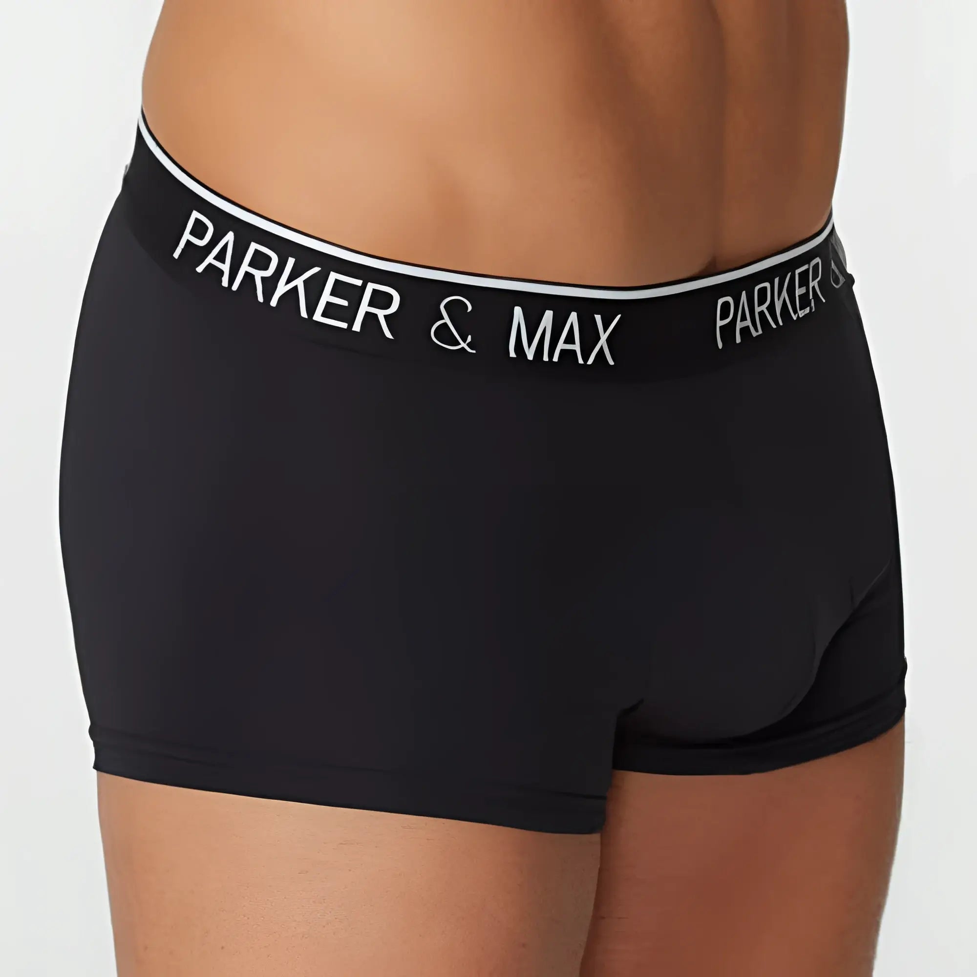 Black parker and max pmfp_t1 boxer trunk briefs with white logo elastic band for comfortable everyday wear