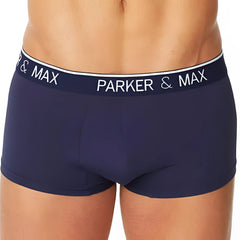 Navy blue parker and max briefs with white elastic waistband featuring brand name in bold lettering
