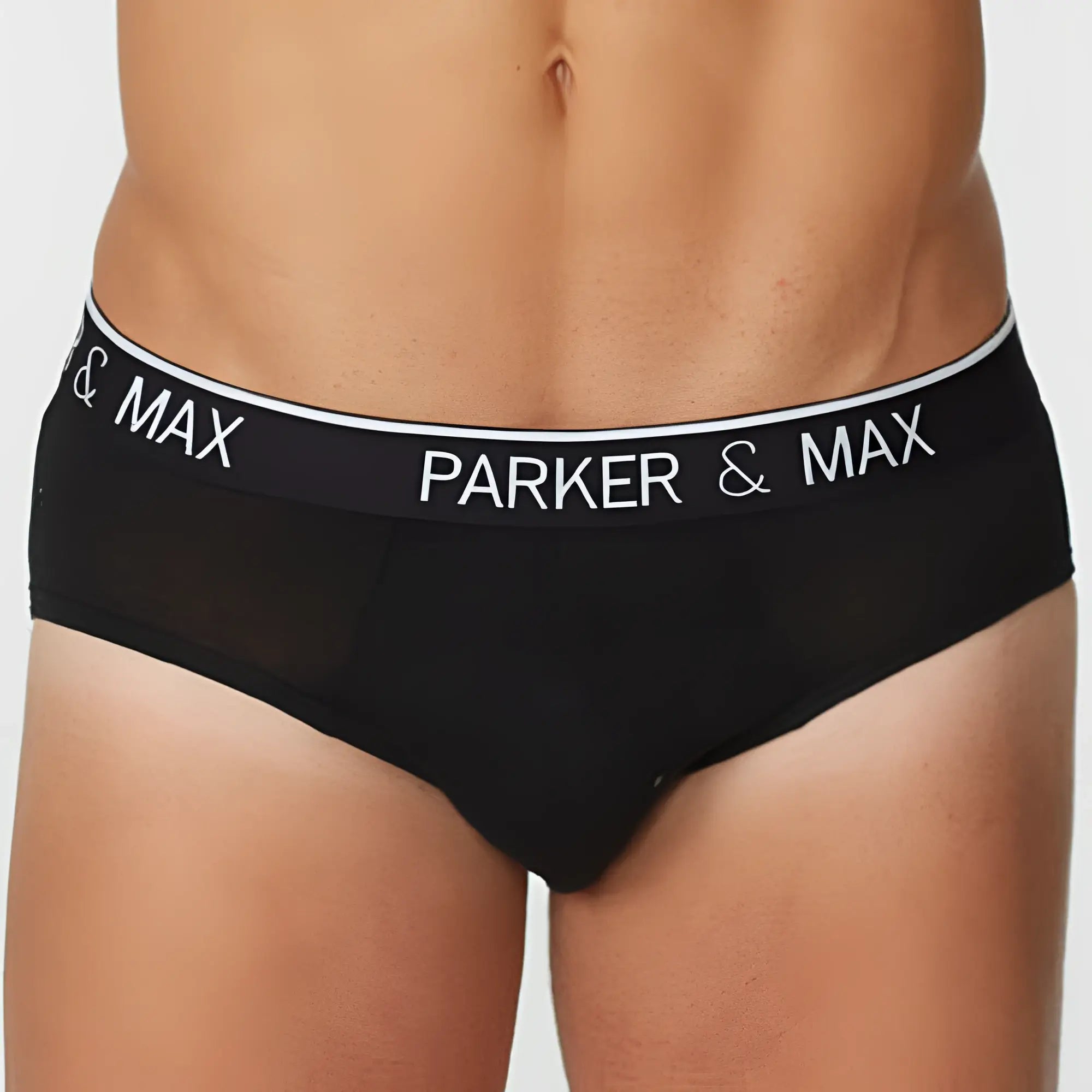 Black parker and max pmfpcs_b1 briefs with white elastic waistband featuring bold brand name lettering