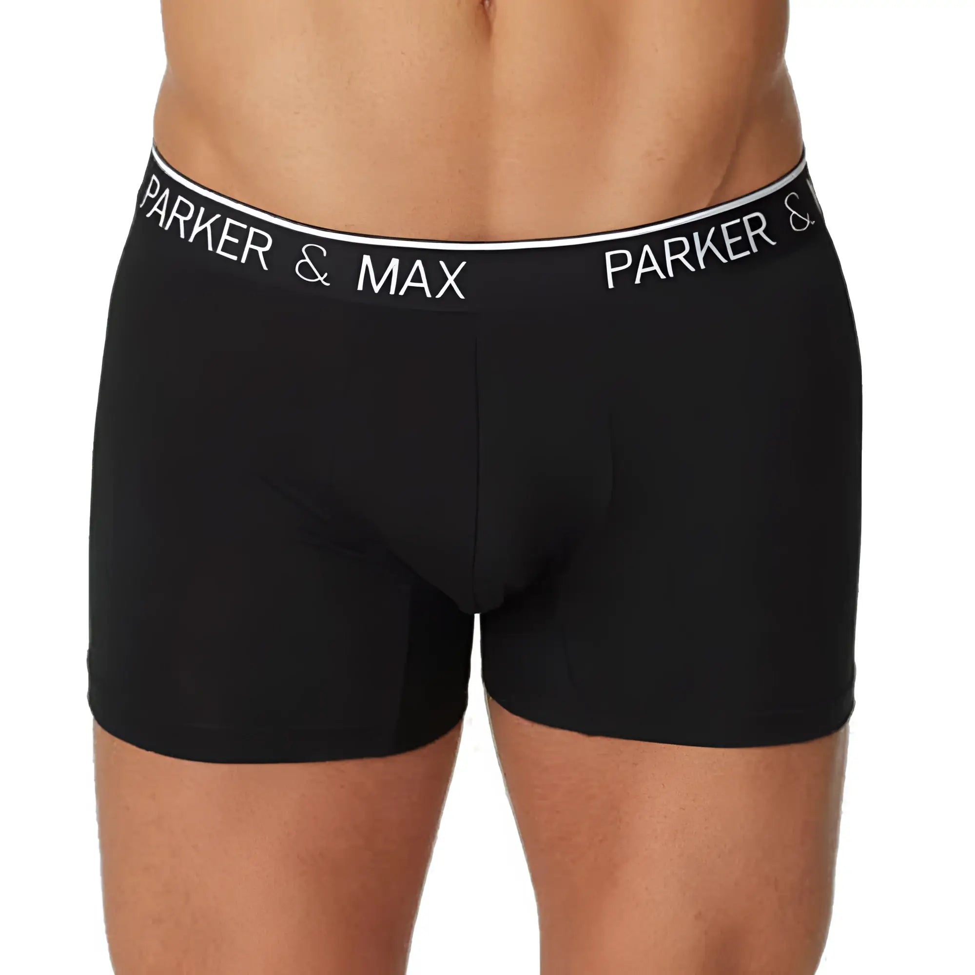 Black parker & max pmfpcs_bb1 boxer briefs with white elastic waistband and black brand lettering in front view