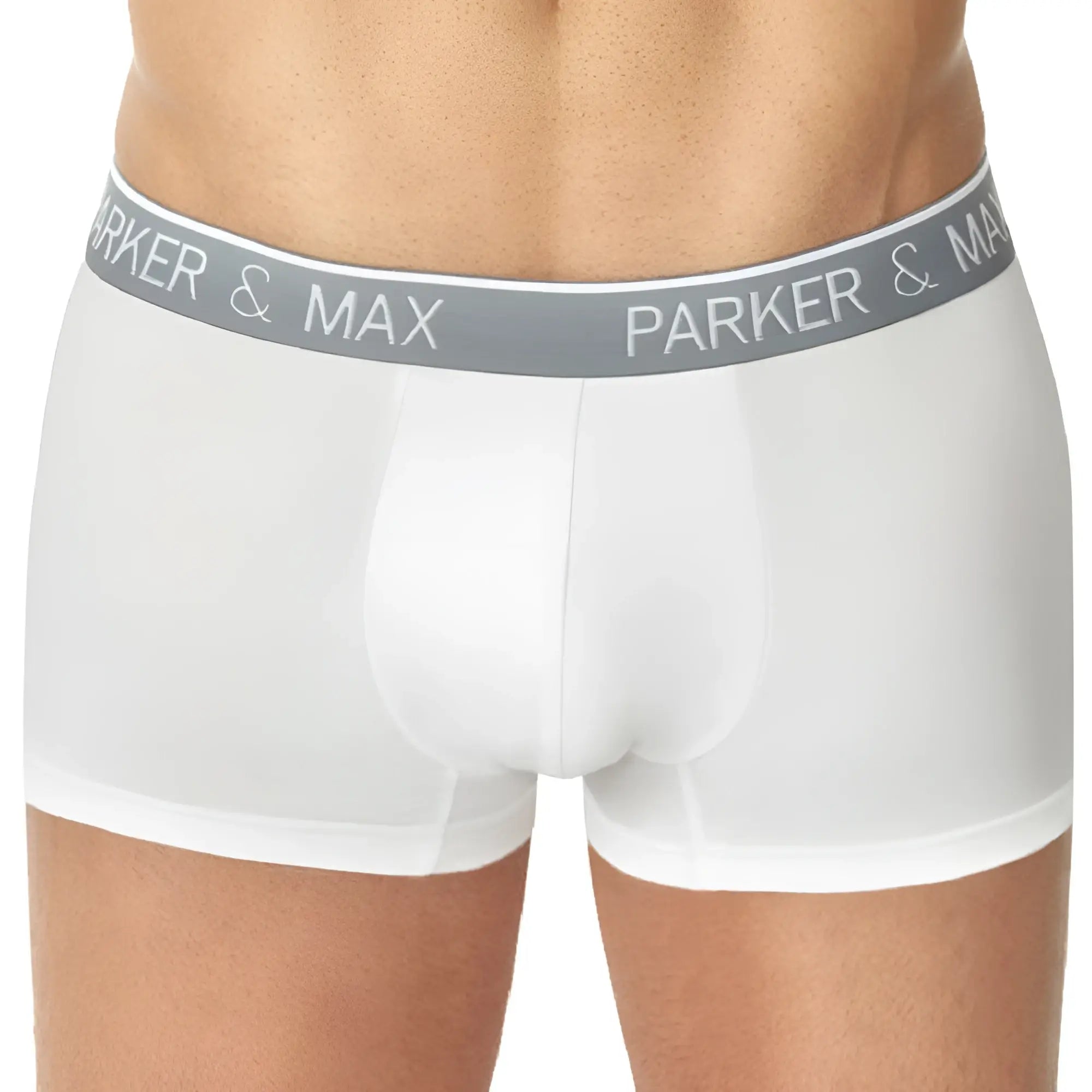 White Parker & Max PMFPCS_T1 boxer trunk briefs with gray waistband and white brand lettering