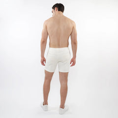 White parquet jacquard stretch knit athletic shorts featuring a clean minimalist design