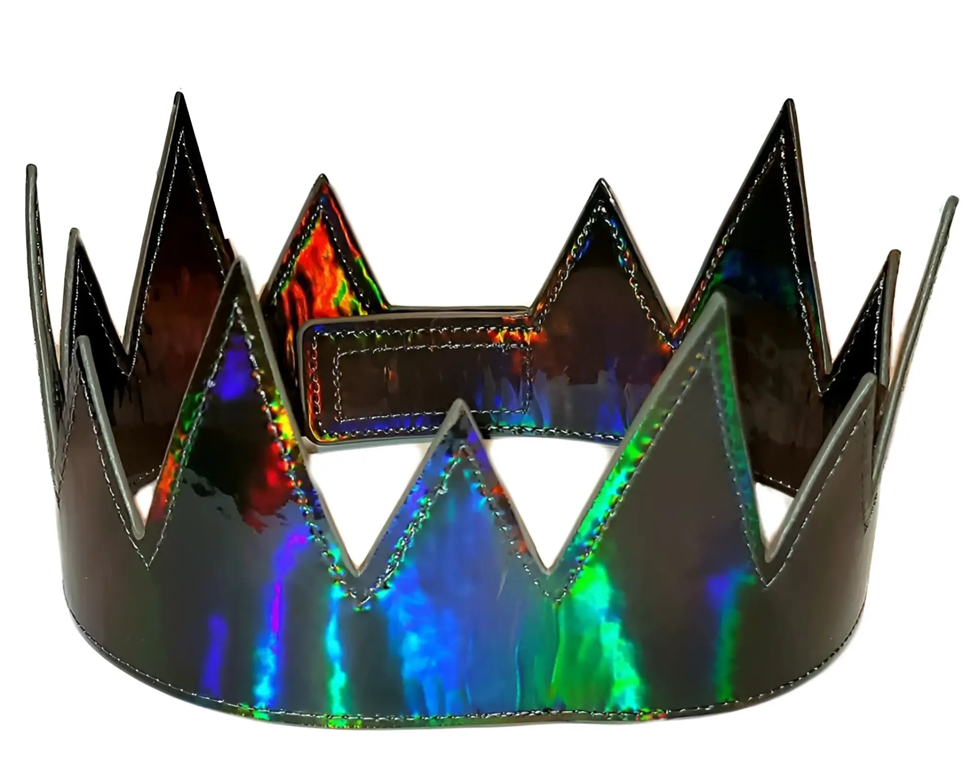A shimmering holographic party crown with glossy iridescent finish and sharp triangular spikes