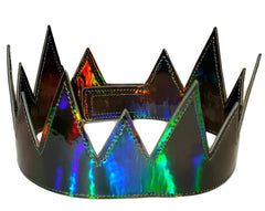 A shimmering holographic party crown with glossy iridescent finish and sharp triangular spikes