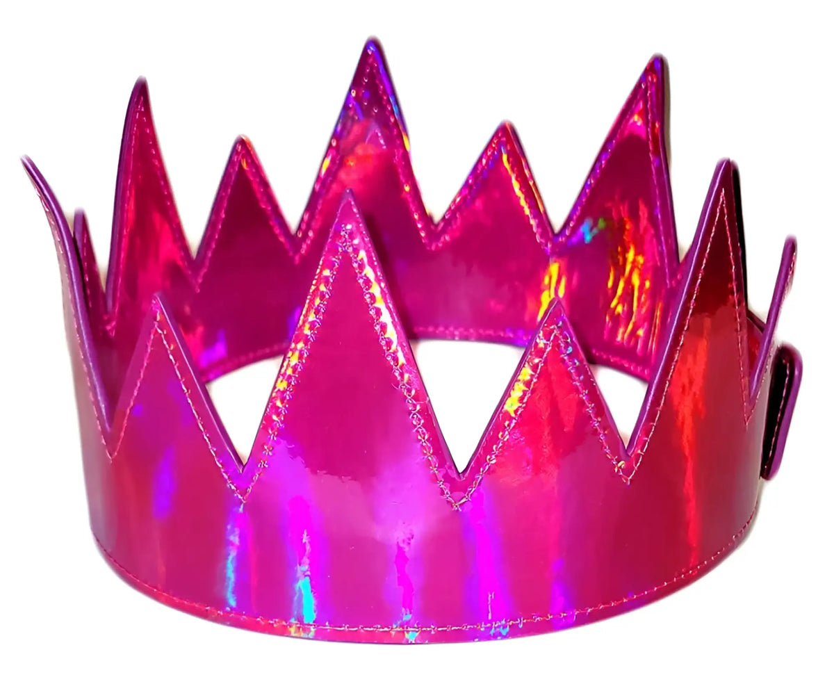 A shiny holographic pink party crown with a glossy finish and stitched edges for festive occasions