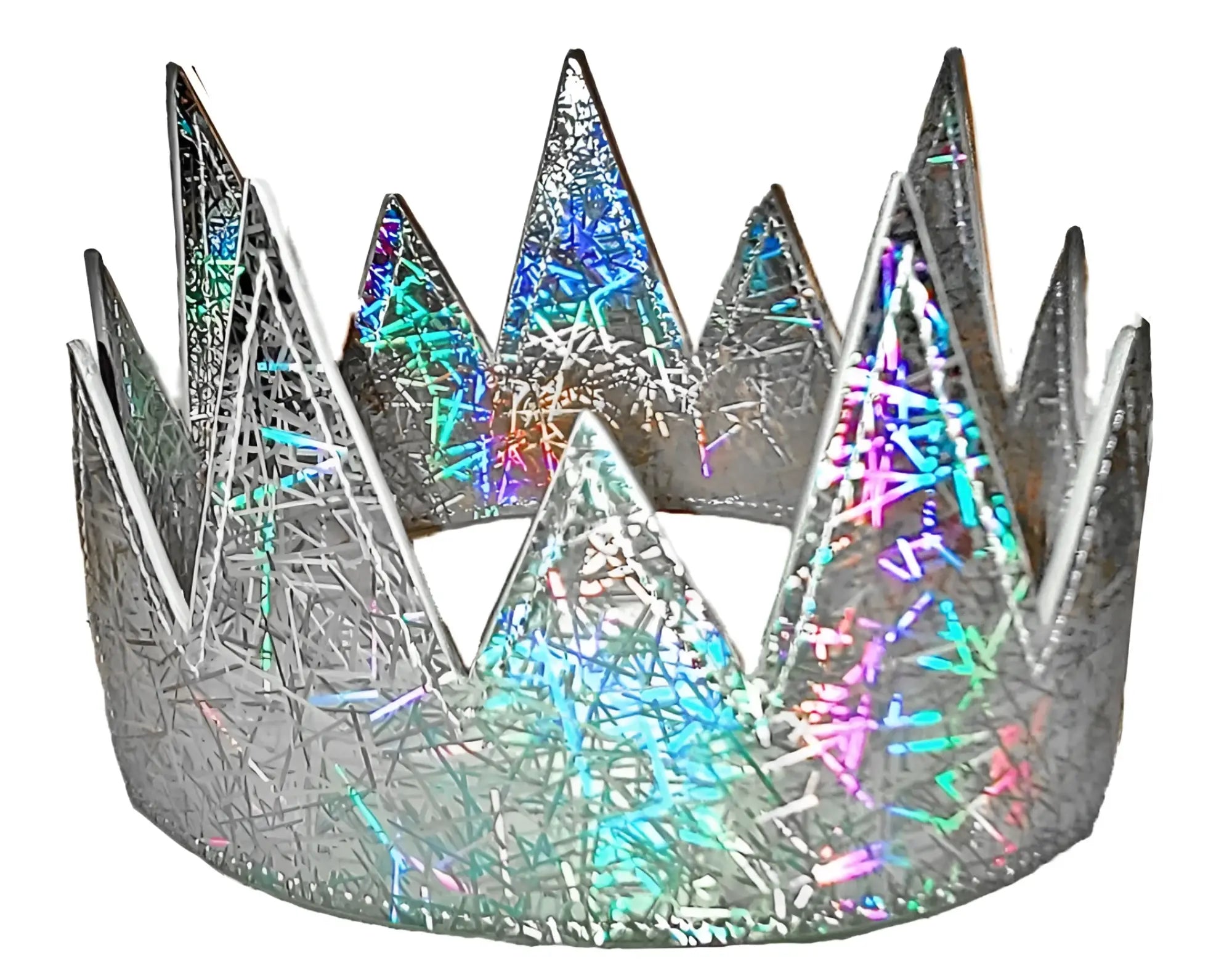 Party crown silver shimmering crown with iridescent rainbow streaks and textured glittery surface for celebrations