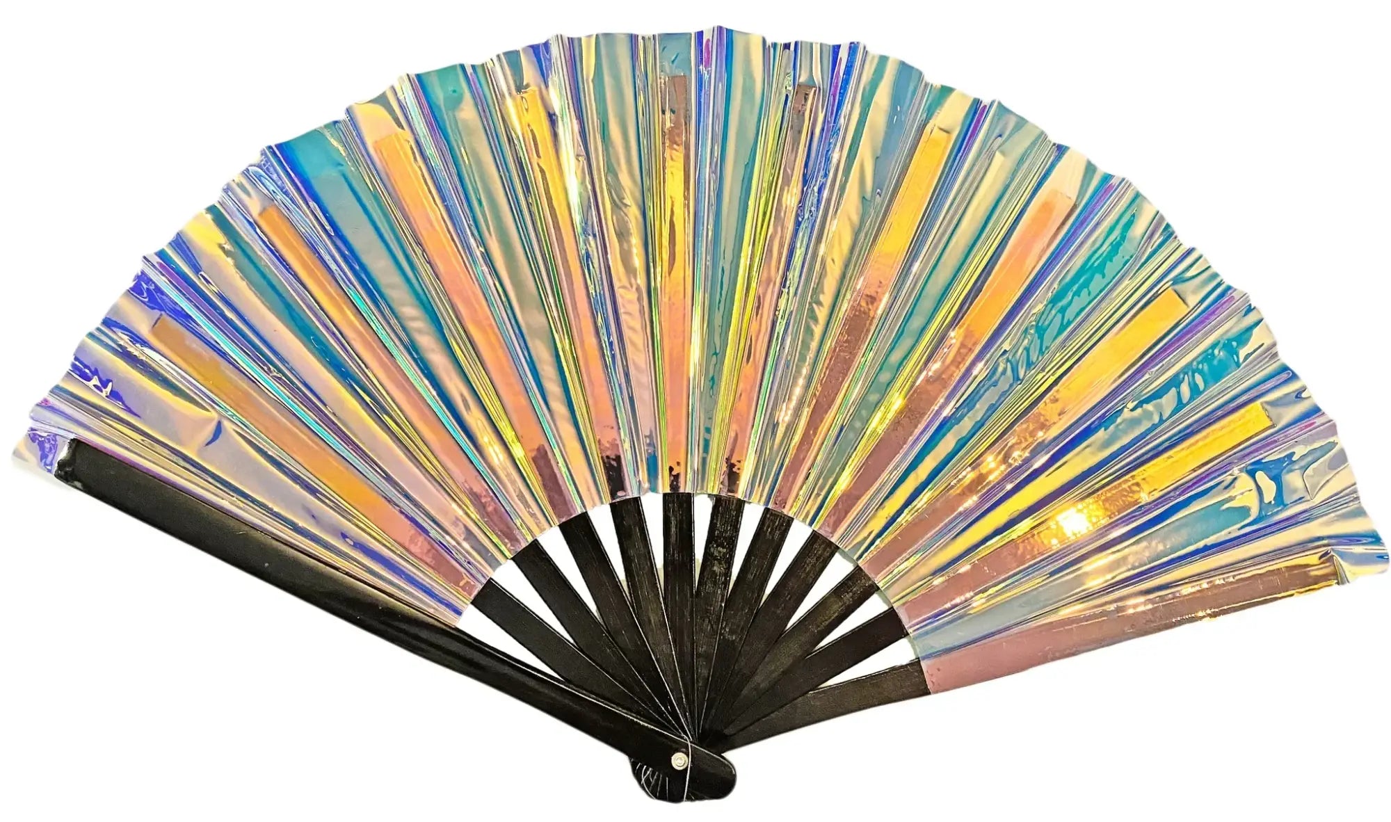 Iridescent holographic party fan with black handle and skeleton design for festive events and celebrations