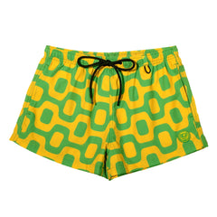 Green and yellow patterned swim shorts with black drawstring and elastic waistband by CA-RIO-CA Sunga Co