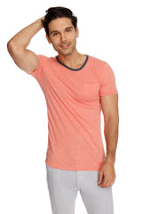 Coral short-sleeved perfect pocket crew-neck tee with dark gray ribbed crew neckline and chest pocket made of apricot slub