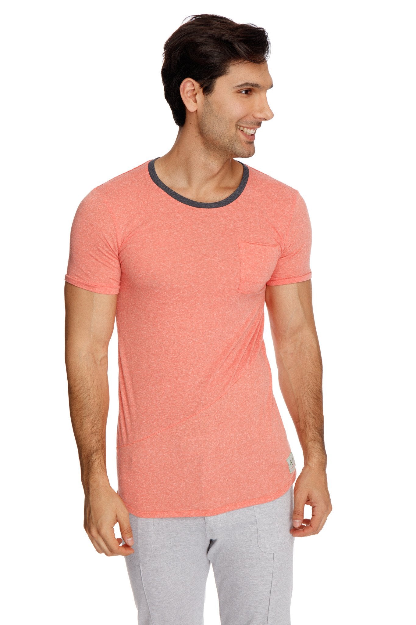 Coral short-sleeved perfect pocket crew-neck tee with dark gray ribbed neckline and chest pocket in apricot slub