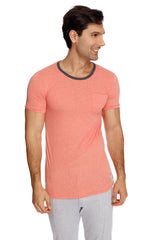 Coral short-sleeved perfect pocket crew-neck tee with dark gray ribbed neckline and chest pocket in apricot slub