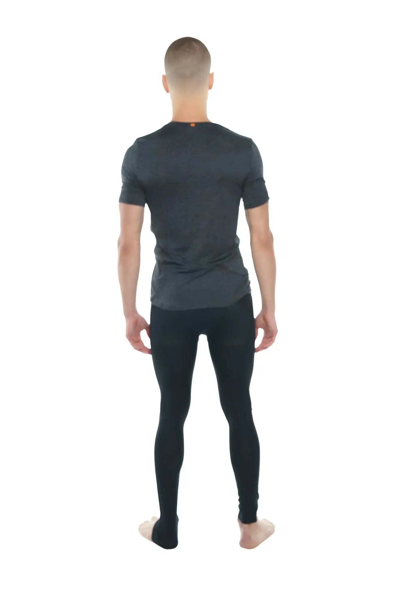 Dark gray short-sleeved perfect pocket crew-neck tee with subtle textured pattern and orange neckline tag