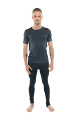 Dark gray short-sleeved athletic perfect pocket crew-neck tee with subtle textured pattern charcoal heather fabric